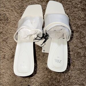 Zara NWT White Square-Toe Slide Heels with Block Heel